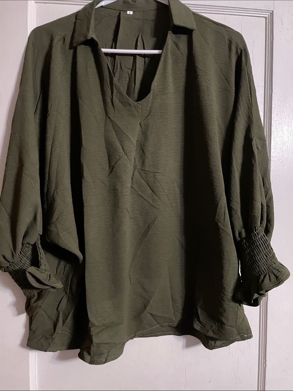 Amazon Olive Green V-Neck Smocked Cuff Blouse